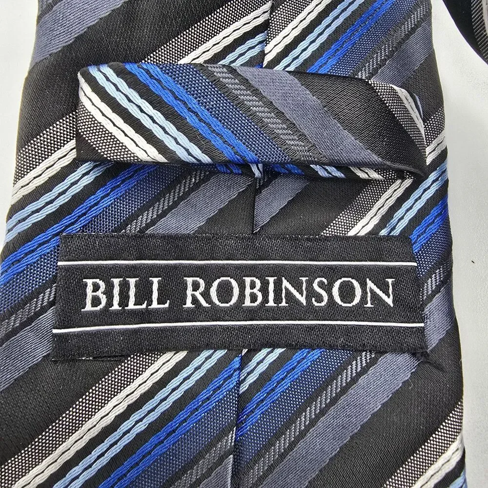 Bill Robinson Tie Mens 57 X 3 Inches Classic Blue Gray Black Striped Polyester